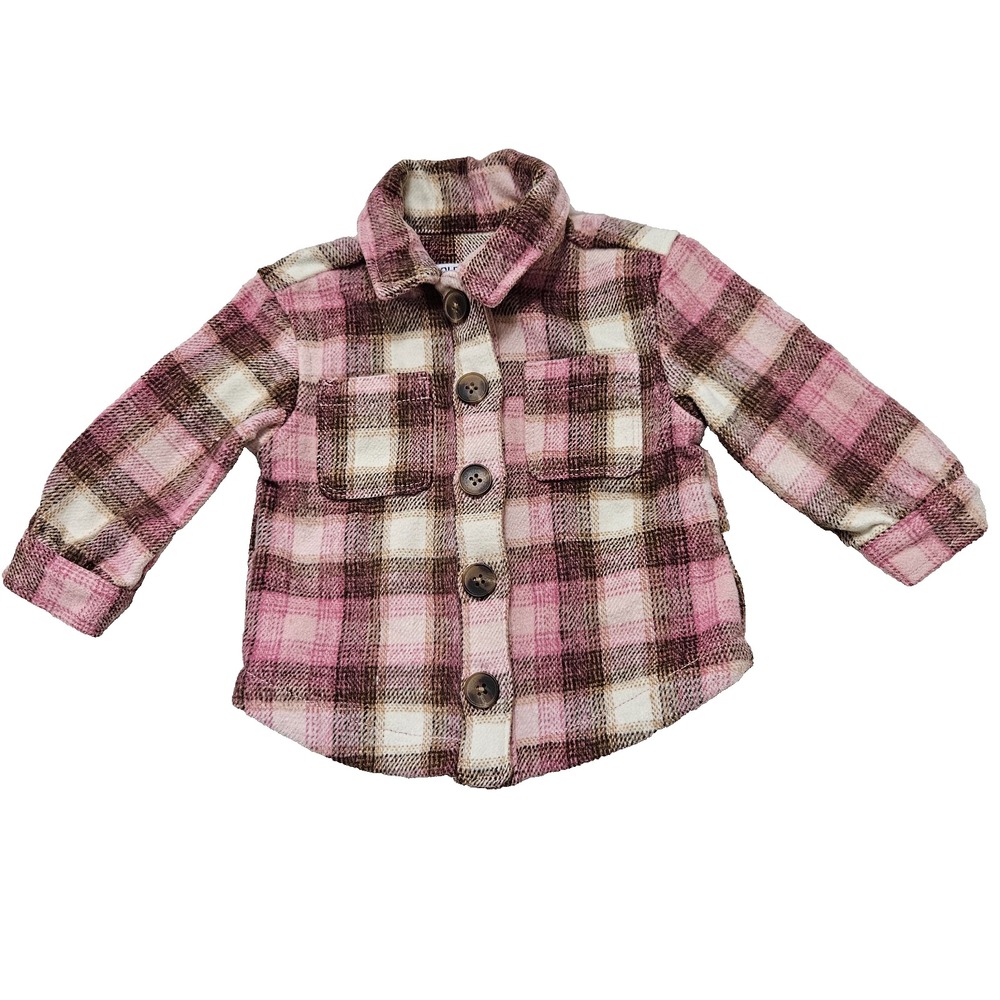 Old Navy Girl's Sz 12-18 Mo Pink & Brown Plaid Button Up Wool‎ Blend Jacket
